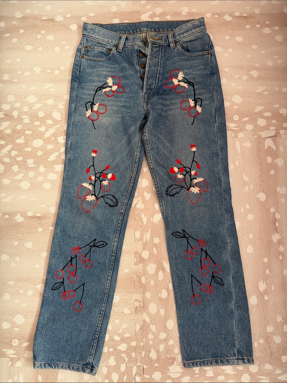 Bliss & Mischief Embroidered Blue Denim Jeans with Floral & Cherry Motif